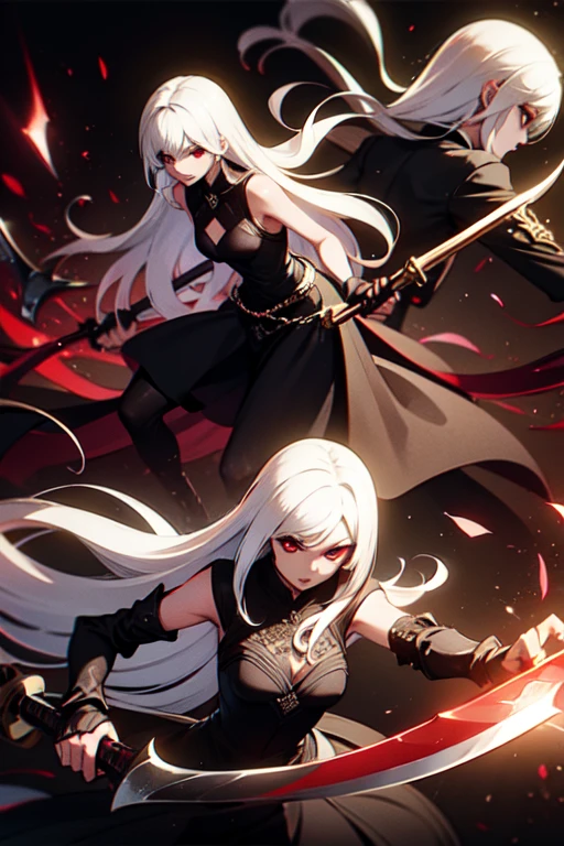 white hair, red eyes, light skin, ((long white hair)), (((battle-axe on back))), black gothic dress, flat chest, ((bored look)), 