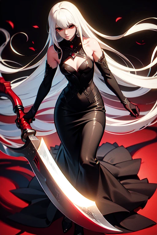 white hair, red eyes, light skin, ((long white hair)), (((battle-axe on back))), black gothic dress, flat chest, ((bored look)), 