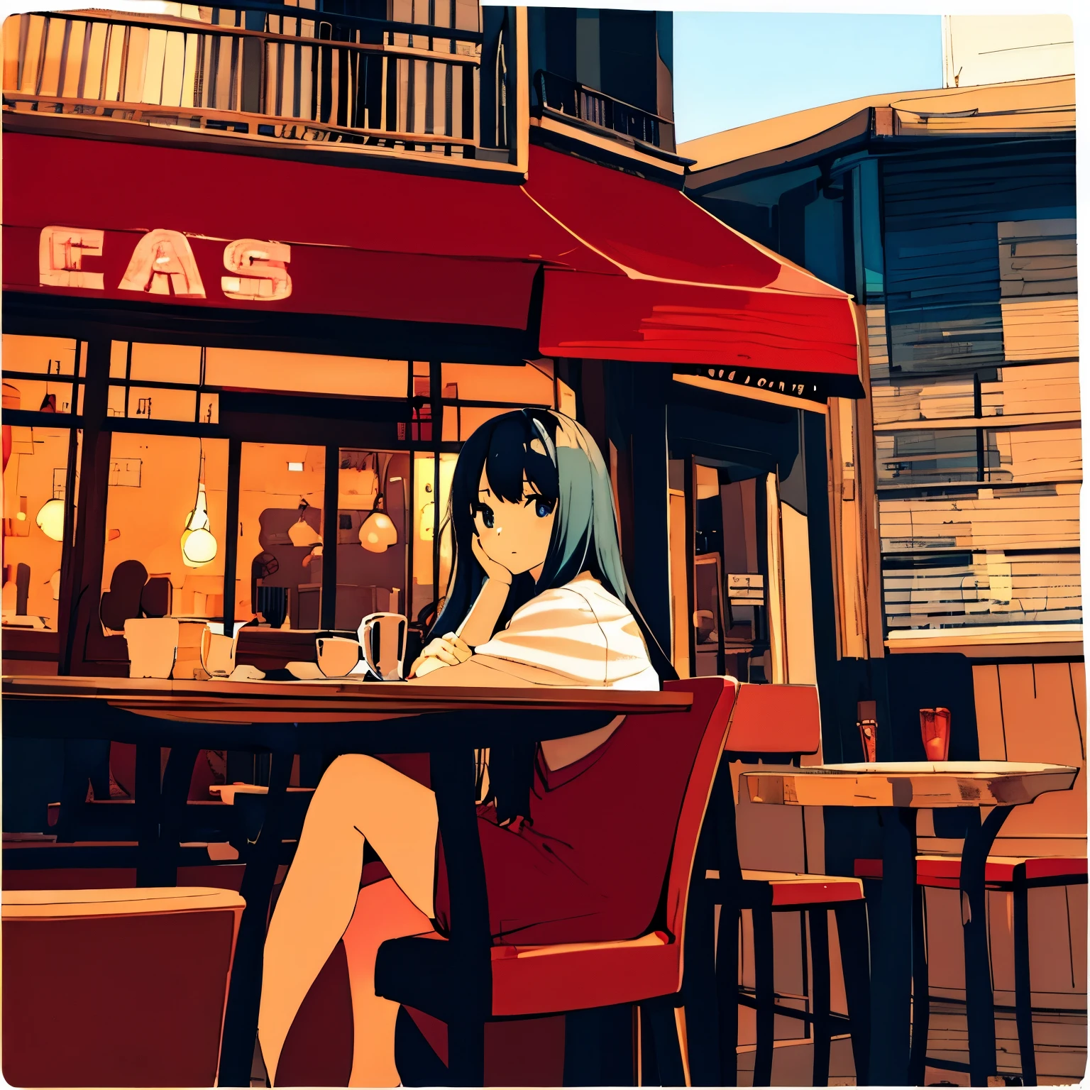 Girl sitting in a café、Chic atmosphere、Painterly、