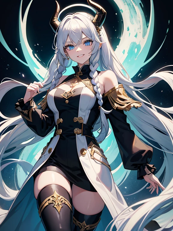 (Wicked Smiles), White long haired, (hairstyles braids and twists half up), Color Blue Horns side head, Blue eyes, [Eye pupil Star], Girl, Wearing black coat with decorated gold intricate, shirt and black shoulder harness on her chest,wearing a black and blue gloves on hands, and black jeans as she wearing a black boots,backlighting, masterpiece, best quality, exquisite,8k,absurdres ,super fine illustration,(looking at viewer), Back Ground, Wallpaper