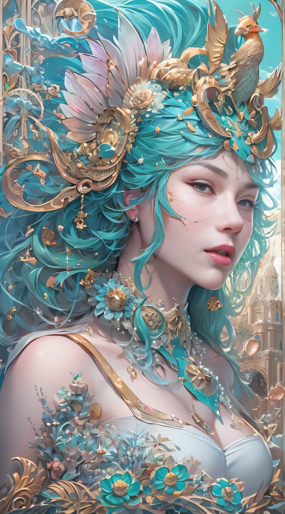 best qualtiy,tmasterpiece,超高分辨率,(photograph realistic:1.4),ultra-realistic realism,Dream-like,The beautiful blue goddess wears a phoenix peacock on her head, Nautilus, a betta fish,The creation of fantasy,Brain conch,Dream Conch,Biopunk Nautilus,Thrilling color scheme, ultra-realistic realism, abstracted, psychedelia,Cotton Candy Queen Women Goddess 8k Resolution Rendered Hyper Realistic Intricate Detail lives in an frosty heart shaped ice bubble, a fanciful place filled with castles, cotton candy, swans lakes and fluffy clouds, An intricate visual representation of computer programing, rendered in 24k resolution with intricate details and symbols.