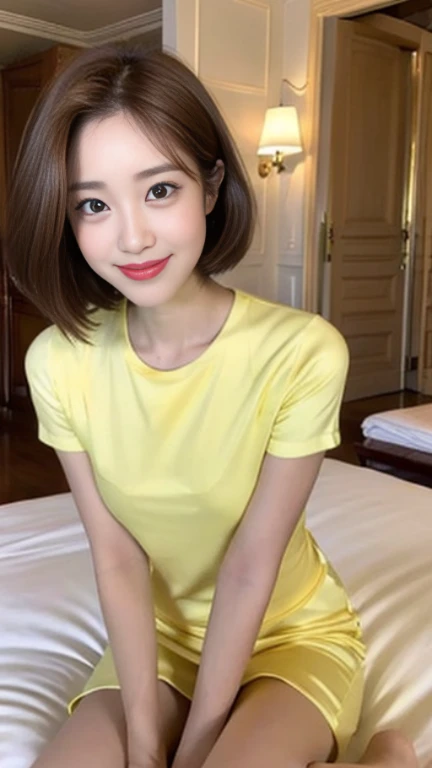 HD,high quality,8K,Beautiful,Eyes like silk,big eyes,Royal sister,Mature,apple hair,Beauty with short hair,brown hair,charming smile,Shy,yellow casual wear,Peerless beauty,Upper body photo,Photo,Slim,Do not show your hands,hyper-realistic,Sitting on the big bed in the mansion