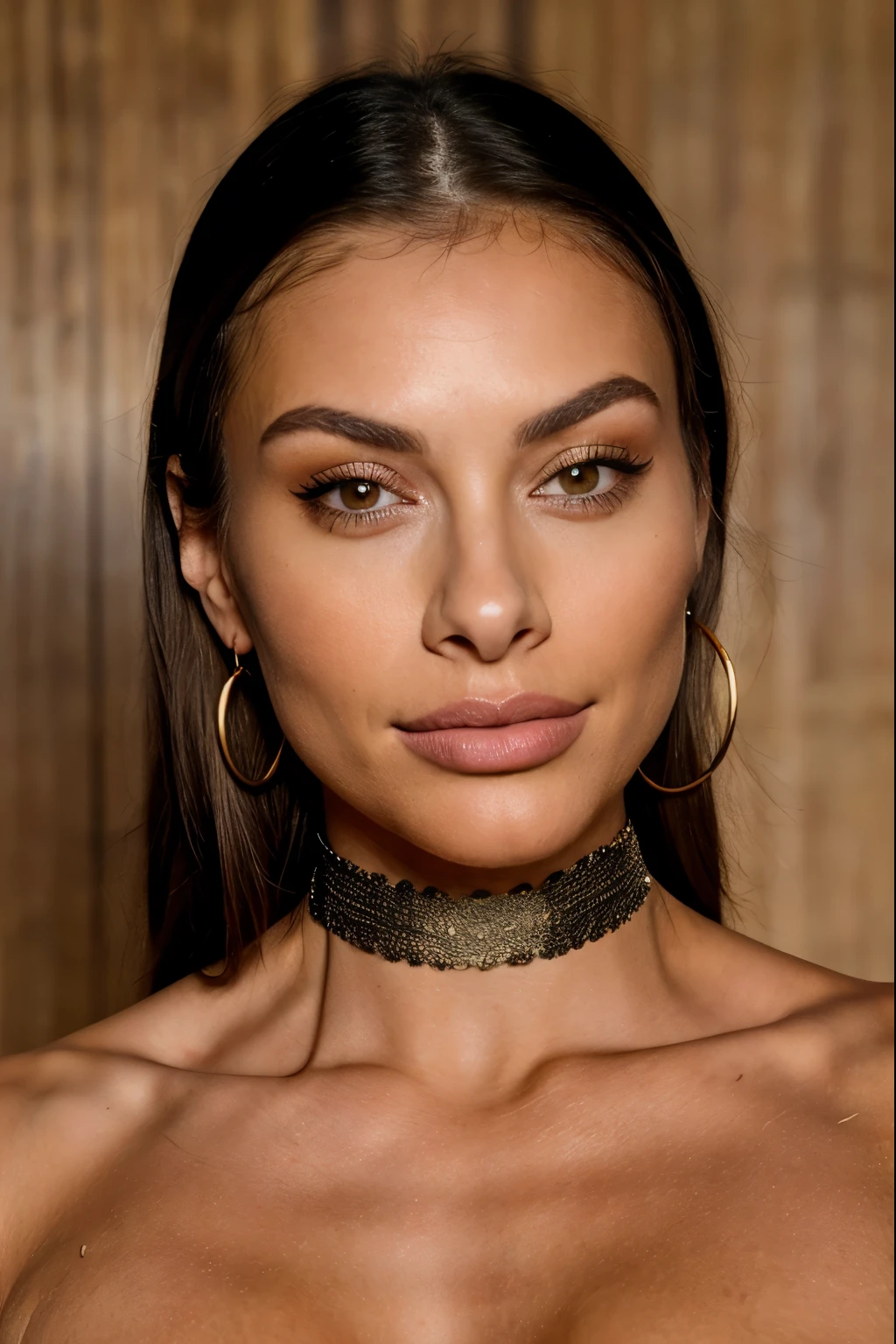 erstelle mir ein weibliches Modell mit iranischen wurzeln, schwarzen langen haaren, sinnlichen Lippen, hellbraune augen