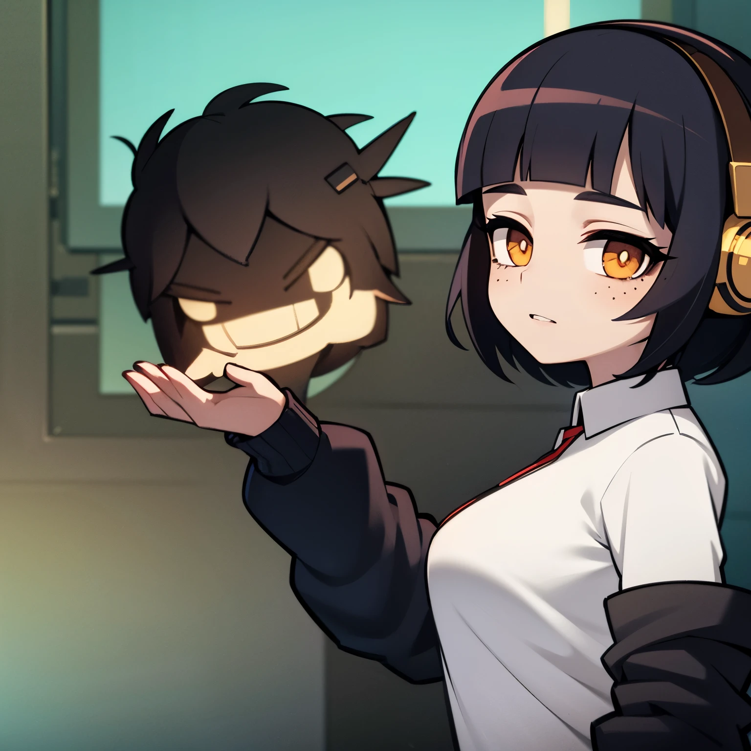 Anime girl with very short black hair, bangs that reach down to her nose, has freckles on her cheeks, wears headphones and wears a uniform, is on stage holding a microphone
