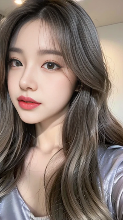 Golden eyes,The long gray hair hangs down from the front,face close-up,Flawless face,Look up slightly,short tulle pajamas
