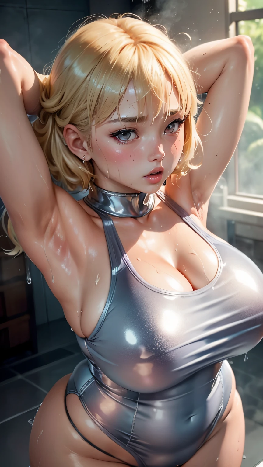 (korean idol) japanese idol Gorgeous (huge ) ((A latex ultra-shiny mirror metallic silver school swimsuit that is so shiny that it reflects light when soaked wet.)) (Round face chubby) ((Plump)) ((Blonde Shorthair)) ((Drenched in sweat in the steam sauna)) sweaty ((Copious sweat running down)) ((Sweaty and wet face and body)) ((Bright red rouge plump lips)) ((Eyes meet)) duck mouth ((Contemptuous gaze)) ((Beautiful armpits wet with sweat))((Mature woman showing her armpits)) upward glance A sad expression of shame with flushed cheeks sweatyで火照った顔