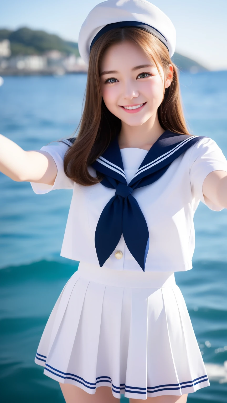 1girl in、Best Quality、Very cute、A smile、white sailor uniform、Very cute、glad looking face、Brown or Golden head hair、black skirt、beautiful eyes、20 years old、selfie、sunshine、Napoli、seaside、3D rendering