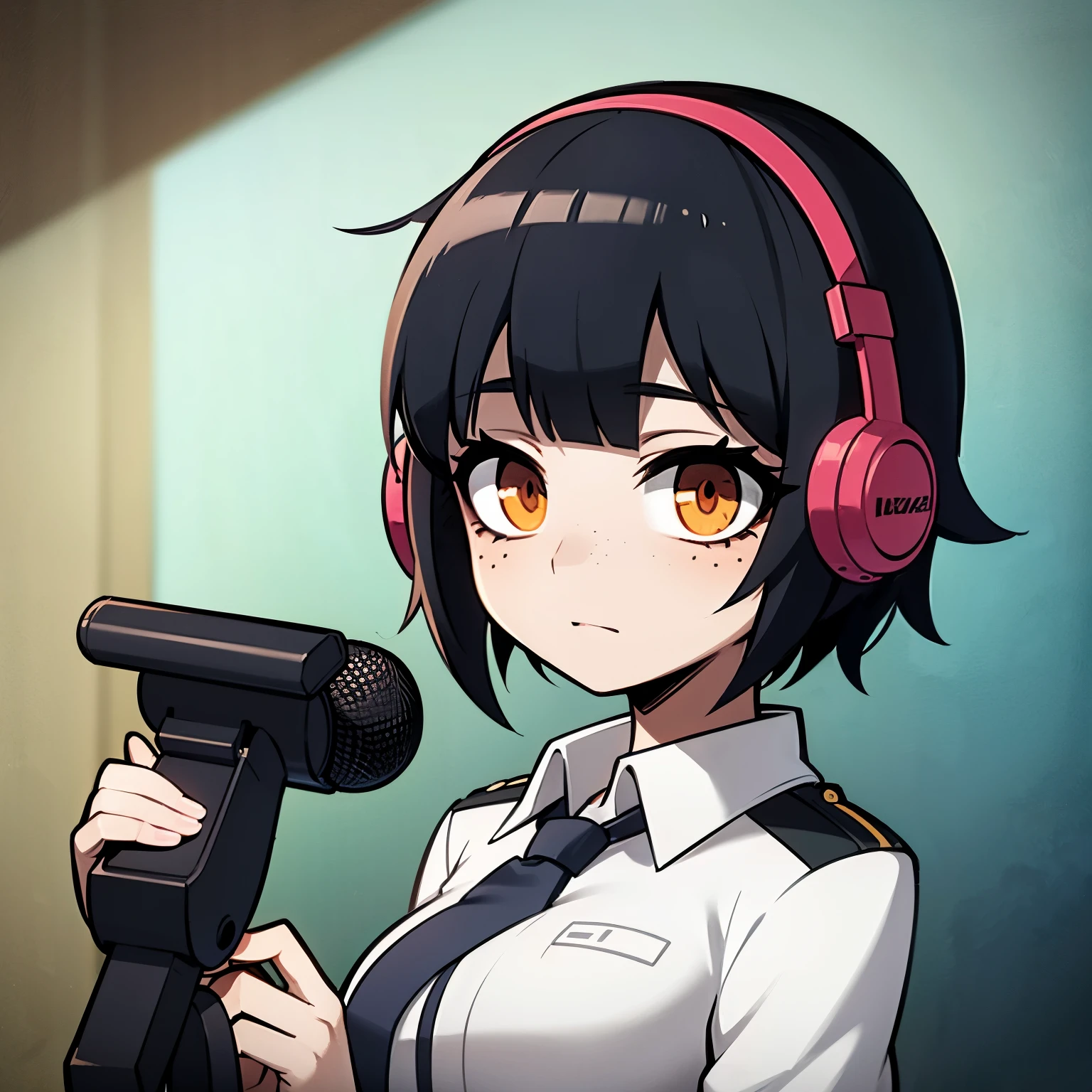 Anime girl with very short black hair, bangs that reach down to her nose, has freckles on her cheeks, wears headphones and wears a uniform, is on stage holding a microphone