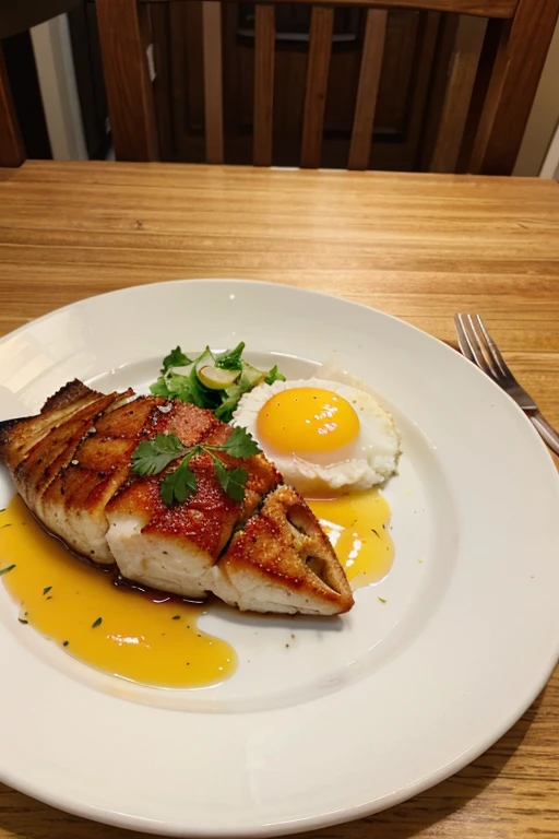 breakfast, healthy food, baked red fish on the plate