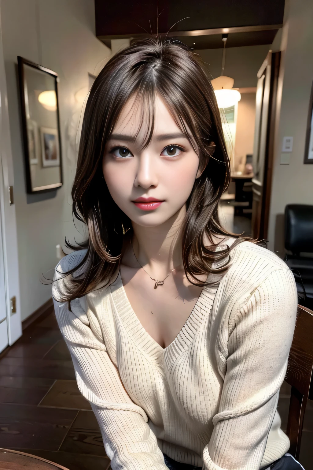 table top, highest quality, shape, Super detailed, finely, High resolution, 8k wallpaper, 完璧なダイナミックな構shape, beautiful and detailed eyes, Pale pink sweater, medium hair,natural color lip,necklace, (sitting), (body facing forward,face to face:1.3), 20 year old girl, cowboy shot,