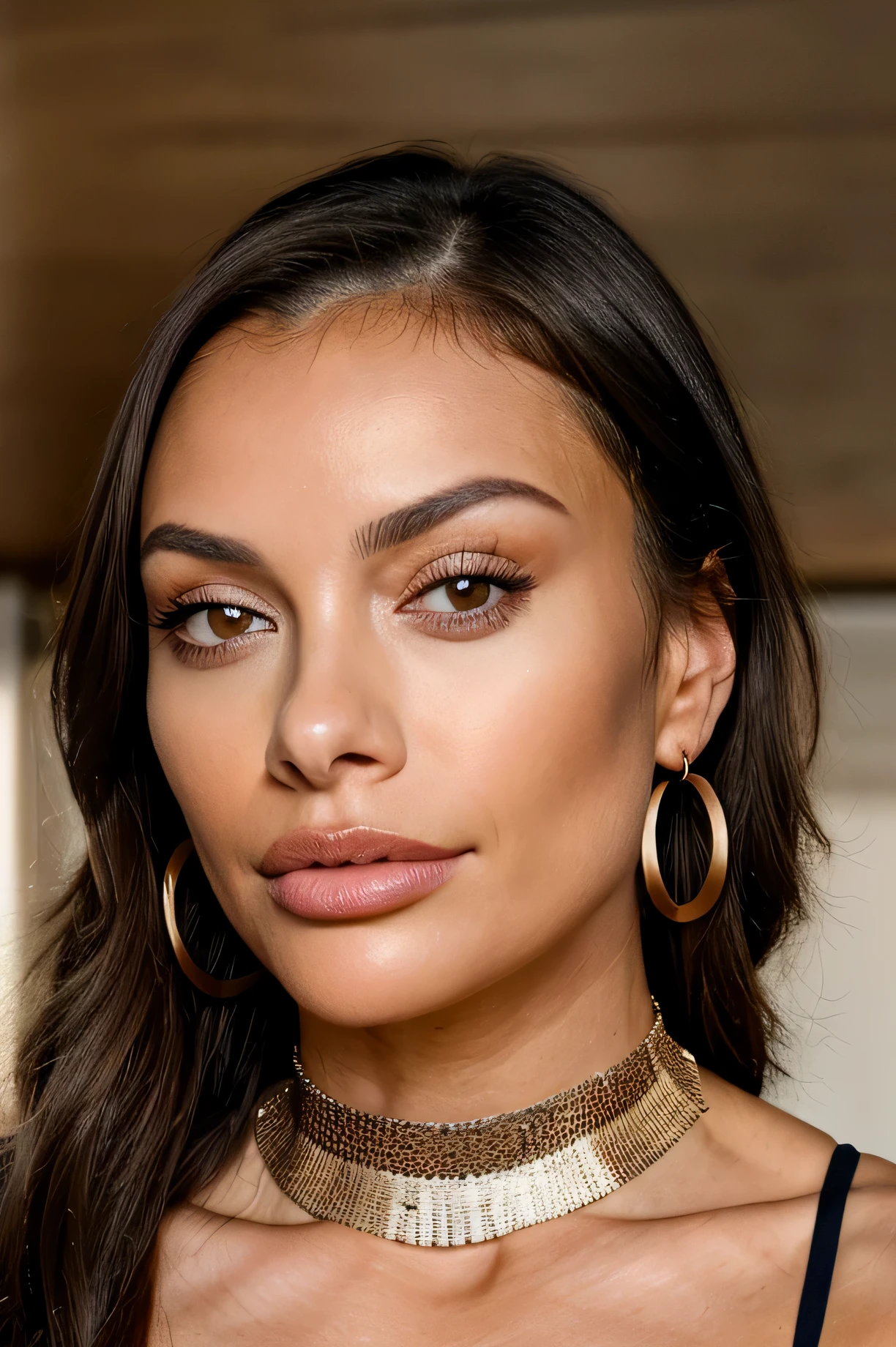 beautiful brunette woman, (26 years old, sedutive look), wearing a black choker and gold hoop earrings((Selfie on the upper body, a happy)), zoomed out upper body, she has big pouty lips with lip filler, defined cheekbones and is wearing some blush. she has smouldering sexy eyes and is wearing eye makeup. Her nose is thin and small. She has a toned physique and has breast implants c size. masterpiece, beste-Qualit, Ultra-detailed, (Look at the viewer: 1.2) (skin texture) (film grains: 1.3), (warm hue, warm tone: 1.2), a closeup of a, cinematiclight, sidelighting, extra high resolution, better shadow, Raw, upper-body, crop top