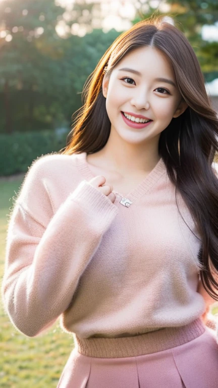 Beautiful beautiful girl,Soft,Perfectly proportioned face,blush,laughing out loud,Exquisite facial features,Sweet smile,exquisite eyes,Delicate eyelashes, beautiful eyes, sweet with silkworms,,delicate skin,,A pink wool skirt,dynamic action,outdoor,dusk