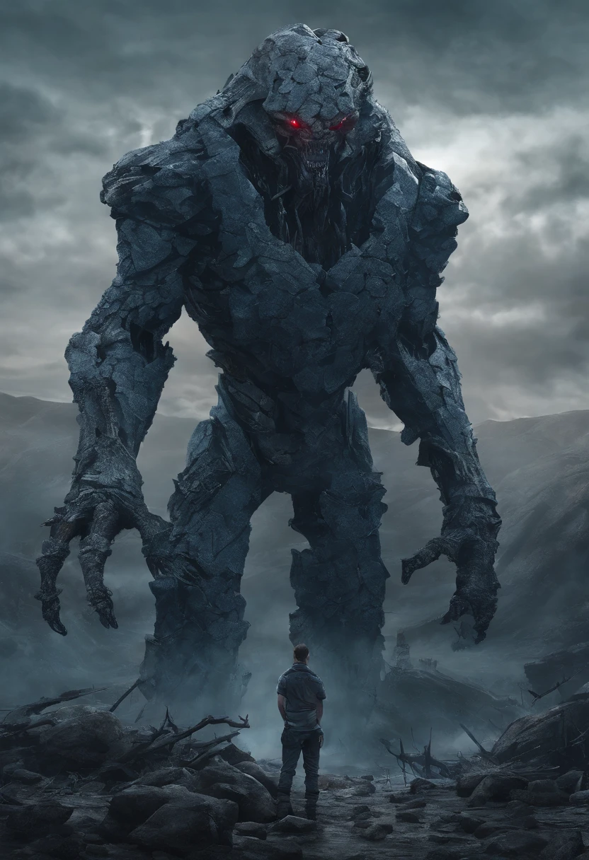 Stone monster, Ruby Eyes,lumpy arms,Stone Texture, blue core on chest,  Dark and moody colors, High resolution artwork, Photorealistic style