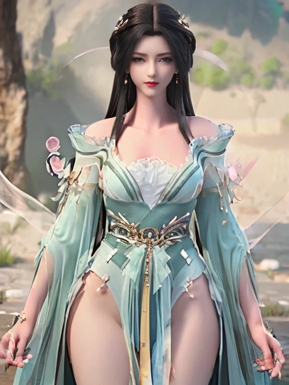 beautiful eyes,split,small breasts,Backless dress bare shoulders,All the bare arms are exposed on the back,There is a little unknown liquid on the exposed thigh.,Show belly button,She sticks out her tongue naughtily and shows her whole body in tattered clothes