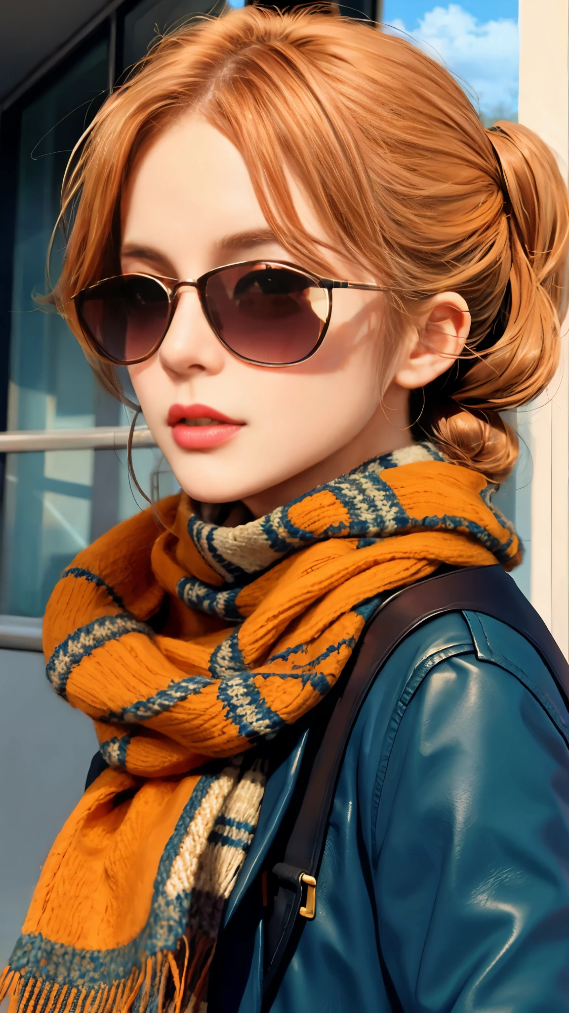 a woman with sunglasses and a scarf,