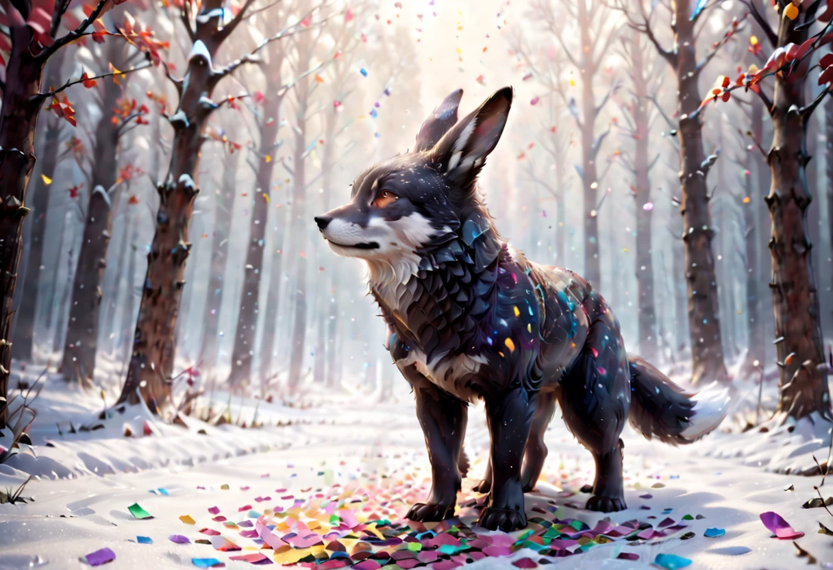 multicolored confetti is falling from the sky, it looks like beautiful colored snow, a fascinating sight, silhouettes of various animals are formed from these confetti - a hare, a fox, a bear cub and a wolf, high detail, high definition, high contrast