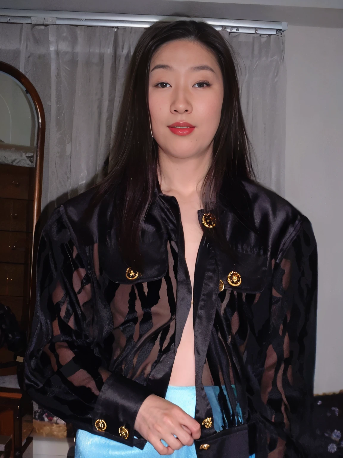 there is a woman that is posing for a picture in a room, wearing black silk robe, an asian women, wearing dark silk robe, akiko takase, asian women, kiyoko suzuki, jacket over naked torso, mutsumi akasaki, Etsuko Miura, Kazue Kato, asian women, Chinese female, Black-haired Sui Ishida