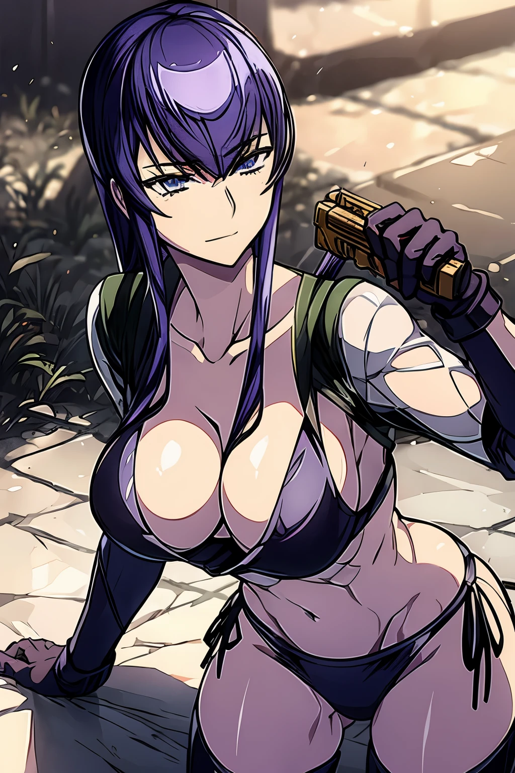 Saeko Busujima con una camiseta sin mangas sosteniendo una pistola y posando, chica soldado, con rifle, silent due to solid metal gear, bikini + equipo militar hecho jirones, Military girl, silent due to solid metal gear v, listo para el combate, con pistola, La glamorosa Jill Valentine, Infantry girl, better known as amoranto, personaje femenino solitario, amoranto, cintura - tiro