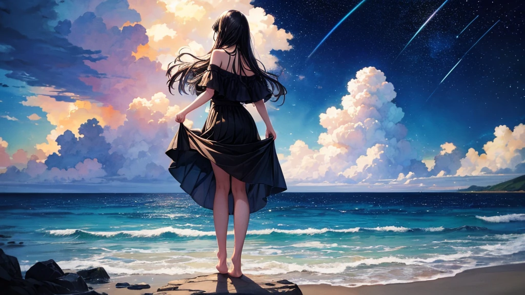 masterpiece, highest quality, disorganized, figure, The stars shine、watercolor, 1 girl, alone, long hair, black hair, dress, skirt hold, water遊び, No sleeve, barefoot, bare shoulders, Are standing, from behind, outdoor, cloud, null, bird, water, rainbow, 