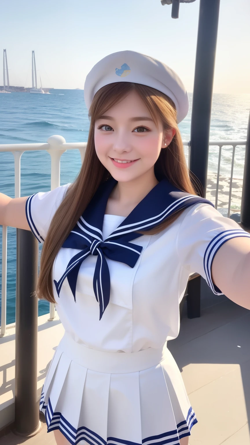 1girl in、Best Quality、Very cute、A smile、white sailor uniform、Very cute、glad looking face、Brown or Golden head hair、black skirt、beautiful eyes、20 years old、selfie、sunshine、Napoli、seaside、3D rendering