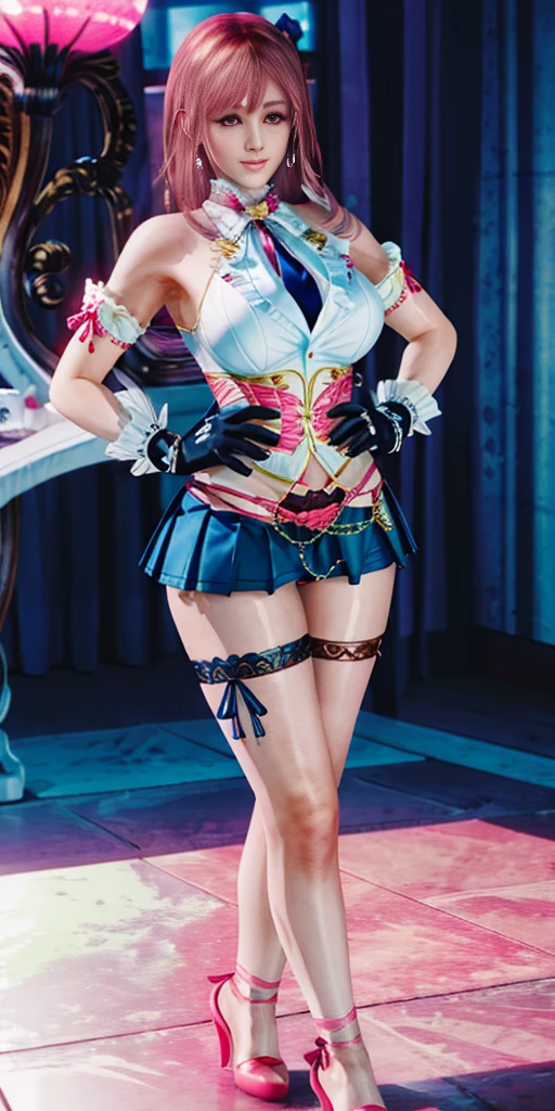 honoka, blue blazer, tie, pleated skirt, pink gloves, white thighhighs, hands on hips, clenching fits, feet together, standing symmetrical, blue shoes,
