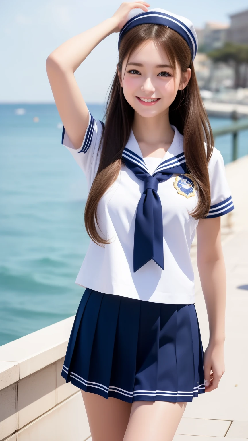 1girl in、Best Quality、Very cute、A smile、white sailor uniform、Very cute、glad looking face、Brown or Golden head hair、black skirt、beautiful eyes、20 years old、selfie、sunshine、Napoli、seaside、3D rendering
