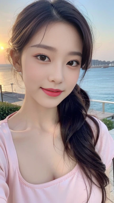 8K resolution,best picture quality,sea view,high-rise,The seaside at dusk,The sea is choppy,Backlight,fashion girl,Loose black hair,Hair up,smooth hair,feather hair accessories,There are collarbones,Beautiful fine light makeup,Exquisite and perfect facial features,The most beautiful big eyes,long eyelashes,Sweet with lying silkworms,Baby pink lip stain,earrings,Sweet smile,Wearing a light pink transparent light pink shirt,Perfectly proportioned body,Ultra-detailed background painting,dynamic angle,Ultimate picture quality,highest precision