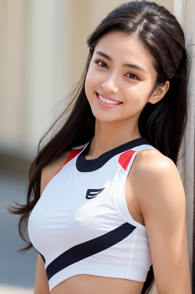 High quality 4K、１girl、realistic depiction、Healthy tanned skin、athlete style、shoulder length hair、black hair、medium meat、smile、Wearing white track and field uniform、drooping eyes、upward glance、straight eyebrows、natural makeup、have moderate abdominal muscles、