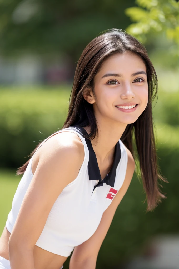 High quality 4K、１girl、realistic depiction、Healthy tanned skin、athlete style、shoulder length hair、black hair、medium meat、smile、Wearing white track and field uniform、drooping eyes、upward glance、straight eyebrows、natural makeup、have moderate abdominal muscles、