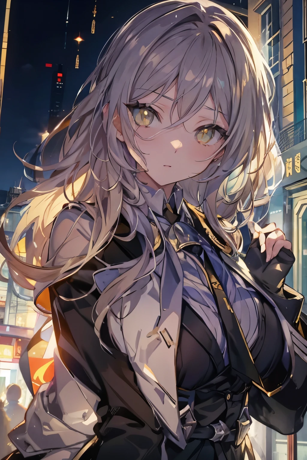 (real:0.2)、anime illustration、1 girl、(((golden eyes))), black coat、、Paris、France、sfv、black pants、black office shirt、、carmen sandigo、、blue sky、、long hair、、dramatic lightning、Lamp light、epic lighting, light falling on face, The light from the rear window is backlit., Face Light, The face is illuminated, fill light, fill light, ((master piece)), (Carmen_Sandigo_v1-1_Shulik-2000:0.6) information, silver hair, 