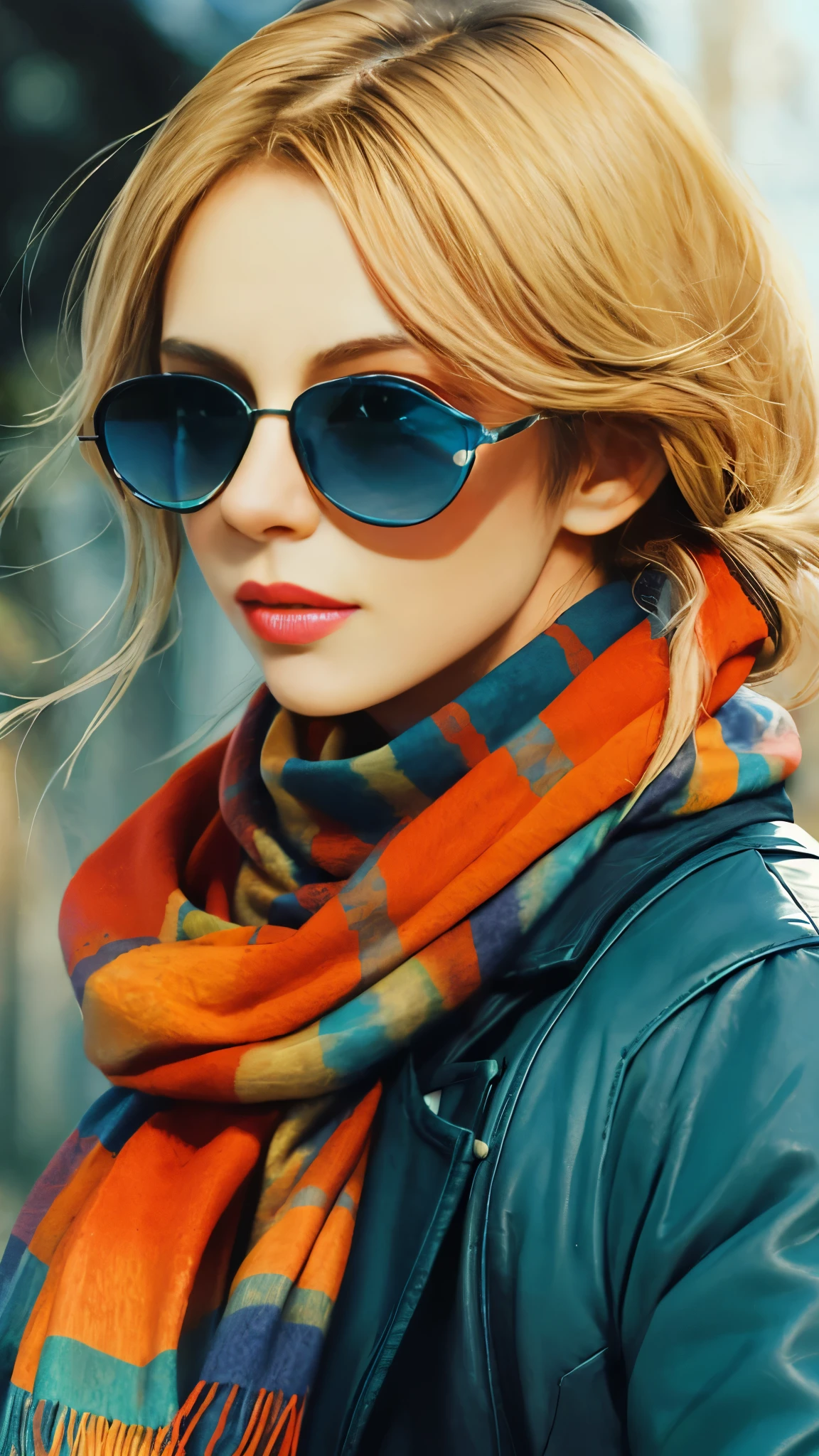 a woman with sunglasses and a scarf,