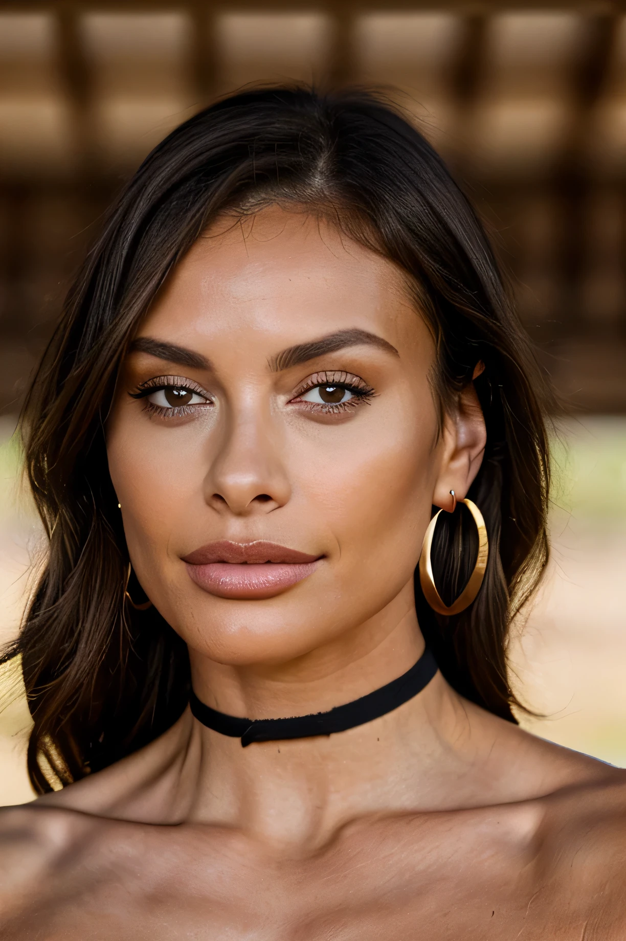 beautiful brunette woman, (26 years old, sedutive look), wearing a black choker and gold hoop earrings((Selfie on the upper body, a happy)), zoomed out upper body, she has big pouty lips with lip filler, defined cheekbones and is wearing some blush. she has smouldering sexy eyes and is wearing eye makeup. Her nose is thin and small. She has a toned physique and has breast implants d size. masterpiece, beste-Qualit, Ultra-detailed, (Look at the viewer: 1.2) (skin texture) (film grains: 1.3), (warm hue, warm tone: 1.2), cinematiclight, sidelighting, extra high resolution, better shadow, upper body, mini bikini