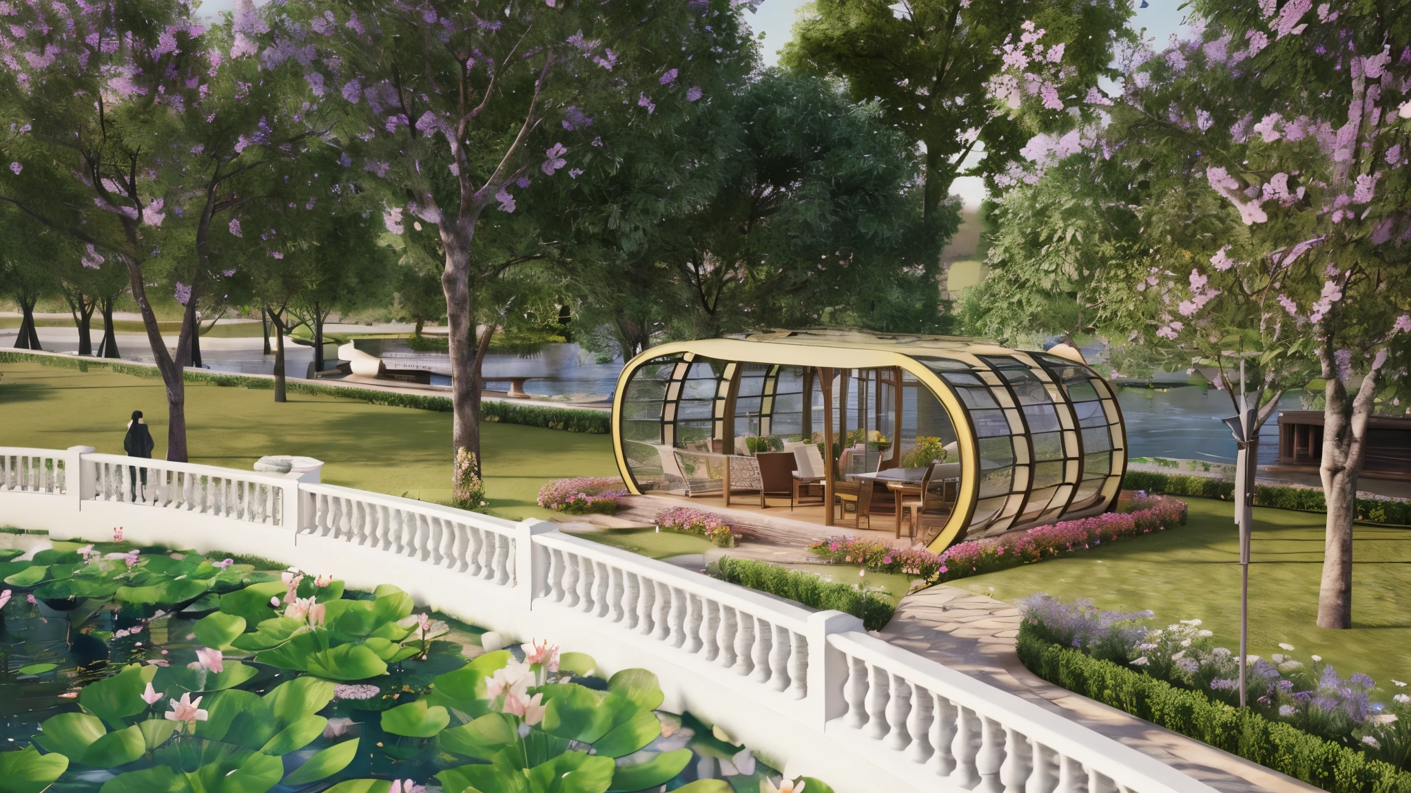 rendering of a gazebo in a park with a pond and flowers, in style of 3d render, 3 d renders, vincent callebaut, highly detailed render, detailed rendering, fully detailed render, render in vray, high quality rendering, highly detailed 3 d render, architectural visualization, highly detailed 3d render, beautiful rendering, with 3d render