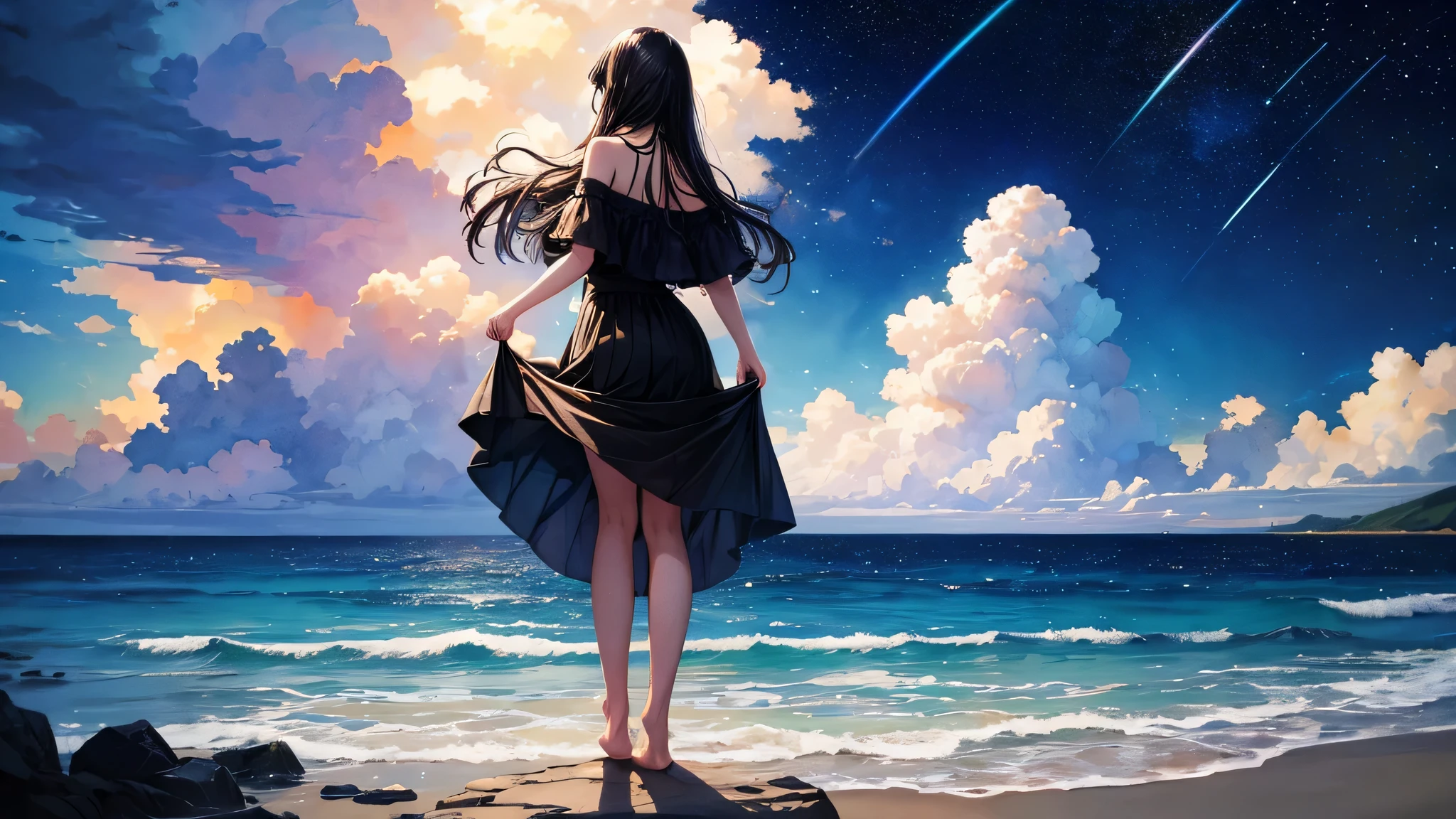 masterpiece, highest quality, confused, shape, The stars shine、watercolor, 1 girl, alone, long hair, black hair, dress, skirt hold, water遊び, sleeveless, barefoot, bare shoulders, Are standing, from behind, outdoor, cloud, null, bird, water, rainbow, 