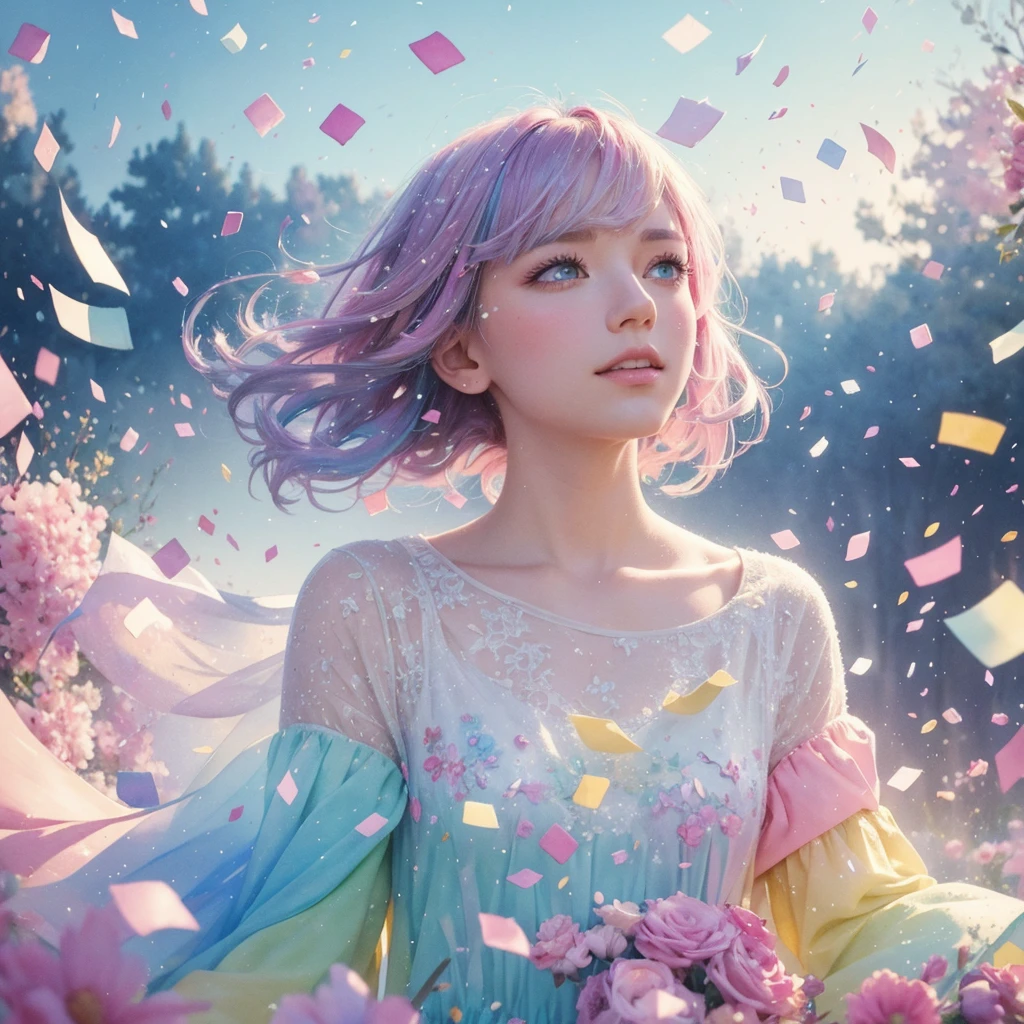 Watercolor and pastel pencil blending to depict confetti captured in a double exposure style, evoking memories with hyperrealistic post-impressionist touches, utilizing the brightest palette, dramatic light, and hyper-detailed textures, in a 32k resolution masterpiece.