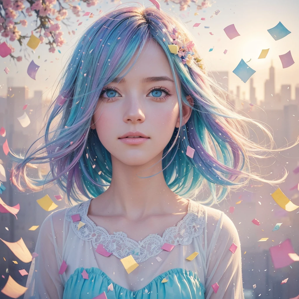 Watercolor and pastel pencil blending to depict confetti captured in a double exposure style, evoking memories with hyperrealistic post-impressionist touches, utilizing the brightest palette, dramatic light, and hyper-detailed textures, in a 32k resolution masterpiece.