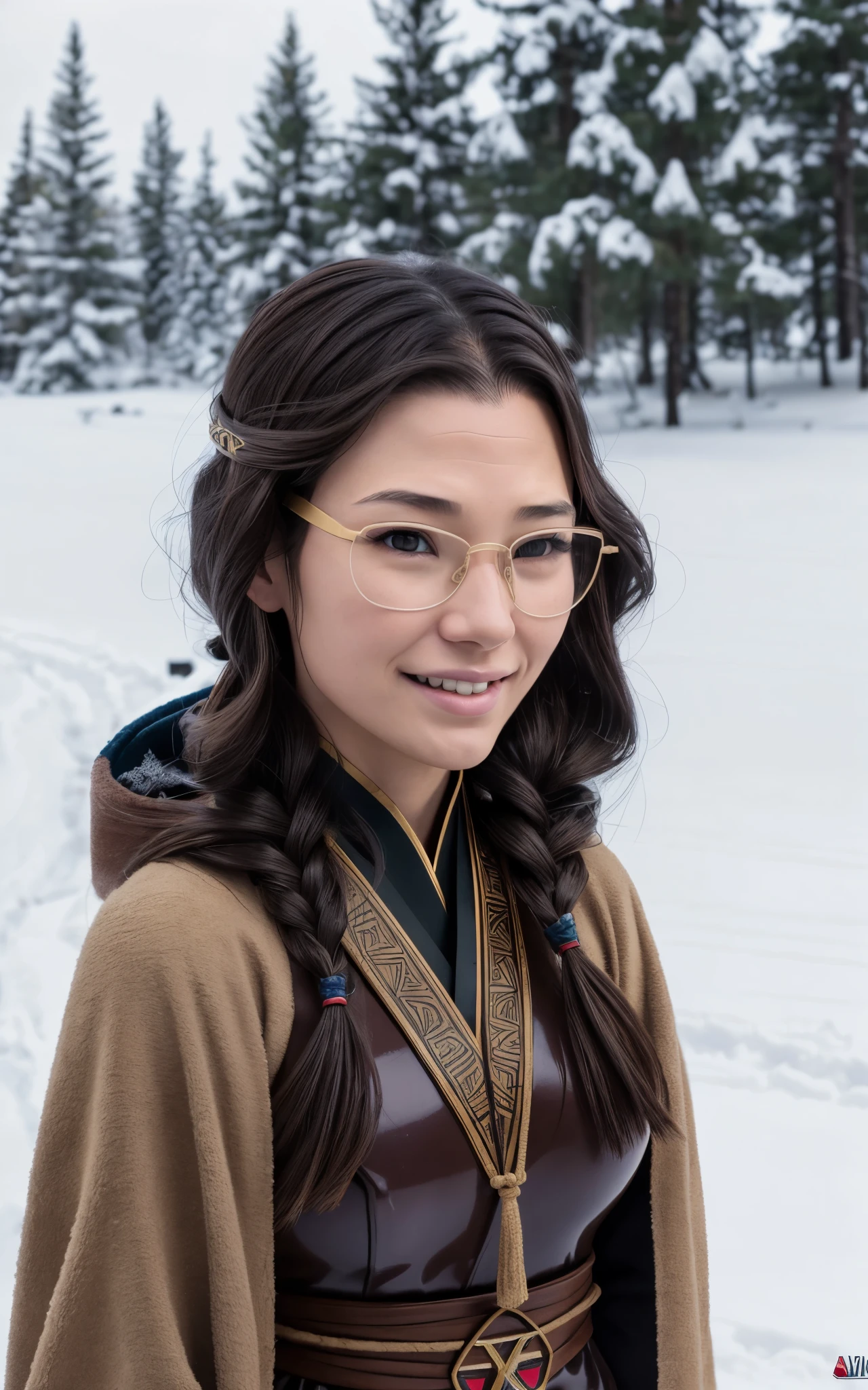 Young ainu woman with the face of (Gal Gadot:Evangeline Lilly), (looking at viewer, light smile, ), brown hair, brown eyes, long hair, hair_flying, Fluttering hair, flying_hair, ((Transparent glasses, glasses, glasses_on_nose)), ((traditional ainu clothes)), sexy, charming, stunning, enhance, delicate, (pale skin, real_skin), sunlight, Winter, snow, Hokkaido, outdoor, best quality, high quality, highres, 8k, photo realistic.