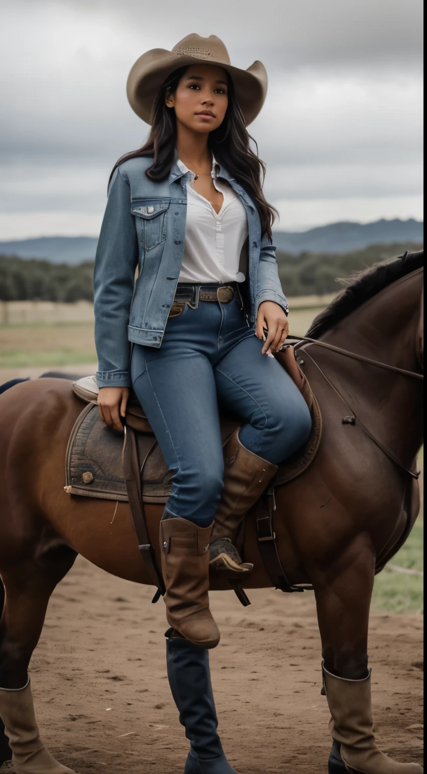Foto hiperrealista en primer plano de Kelsey Asbille (native American ((light dark skin))) wearing dirty cloths (jeans jacket:1.1) and (blue pants:1.1), (boots:1.2), (cowboy hat) on the ranch, grey day,  riding a horse, cinematic light, beautiful woman, skinny, large big breasts, black long hair, detailed face, facing the camera, photo taken from a distance, age of 25 years old, camera filter on pastel gray colors,, grey filter on camera, she is riding a horse, perfect proportions