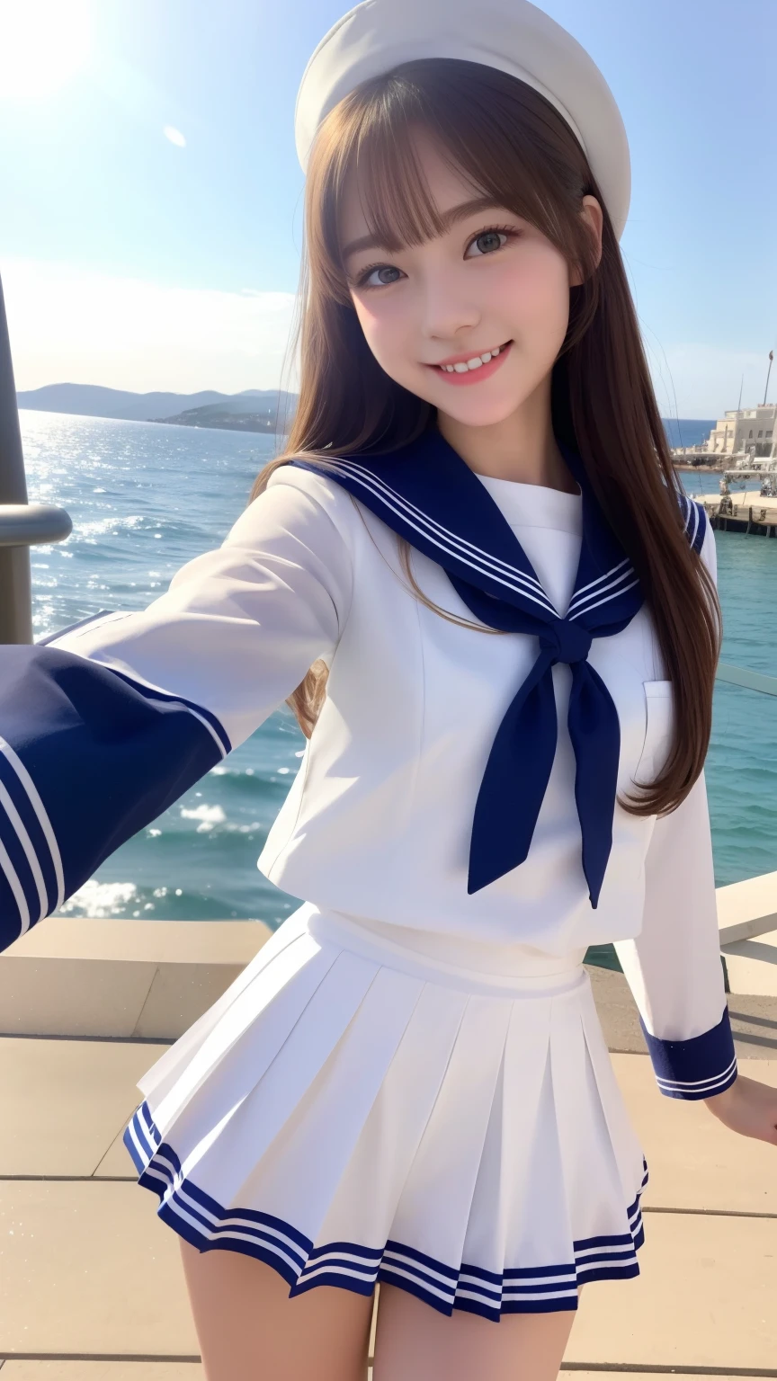 1girl in、Best Quality、Very cute、A smile、white sailor uniform、Very cute、glad looking face、Brown or Golden head hair、black skirt、beautiful eyes、20 years old、selfie、sunshine、Napoli、seaside、3D rendering