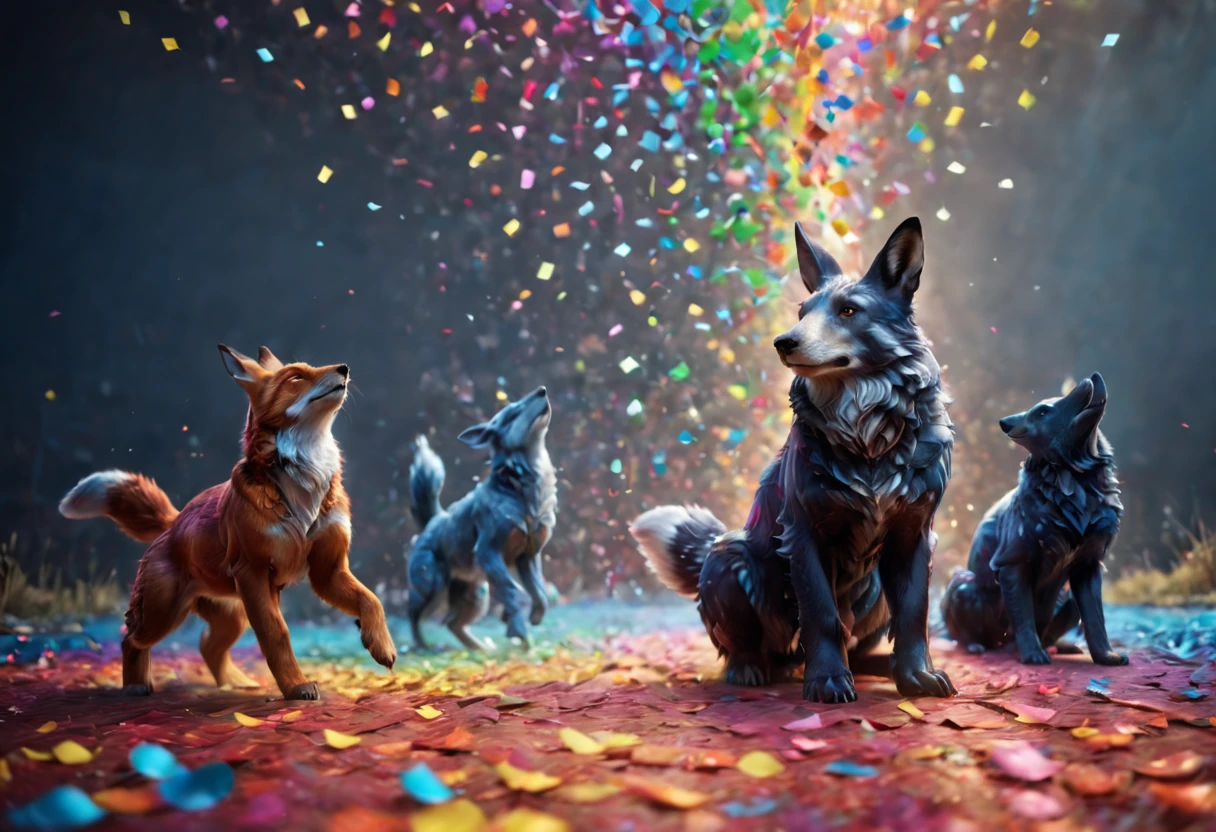 multicolored confetti is falling from the sky, it looks like beautiful colored snow, a fascinating sight, silhouettes of various animals are formed from these confetti - a hare, a fox, a bear cub and a wolf, high detail, high definition, high contrast