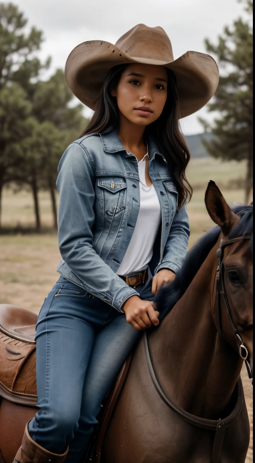 Foto hiperrealista en primer plano de Kelsey Asbille (native American ((light dark skin))) wearing (jeans jacket:1.1) and (blue pants:1.1), (boots:1.2), (cowboy hat) on the ranch, grey day,  sits on a horse, cinematic light, beautiful woman, skinny, large big breasts, black long hair, detailed face, facing the camera, photo taken from a distance, age of 25 years old, camera filter on pastel gray colors,, grey filter on camera, she is riding a horse, sits on a horse, perfect proportions