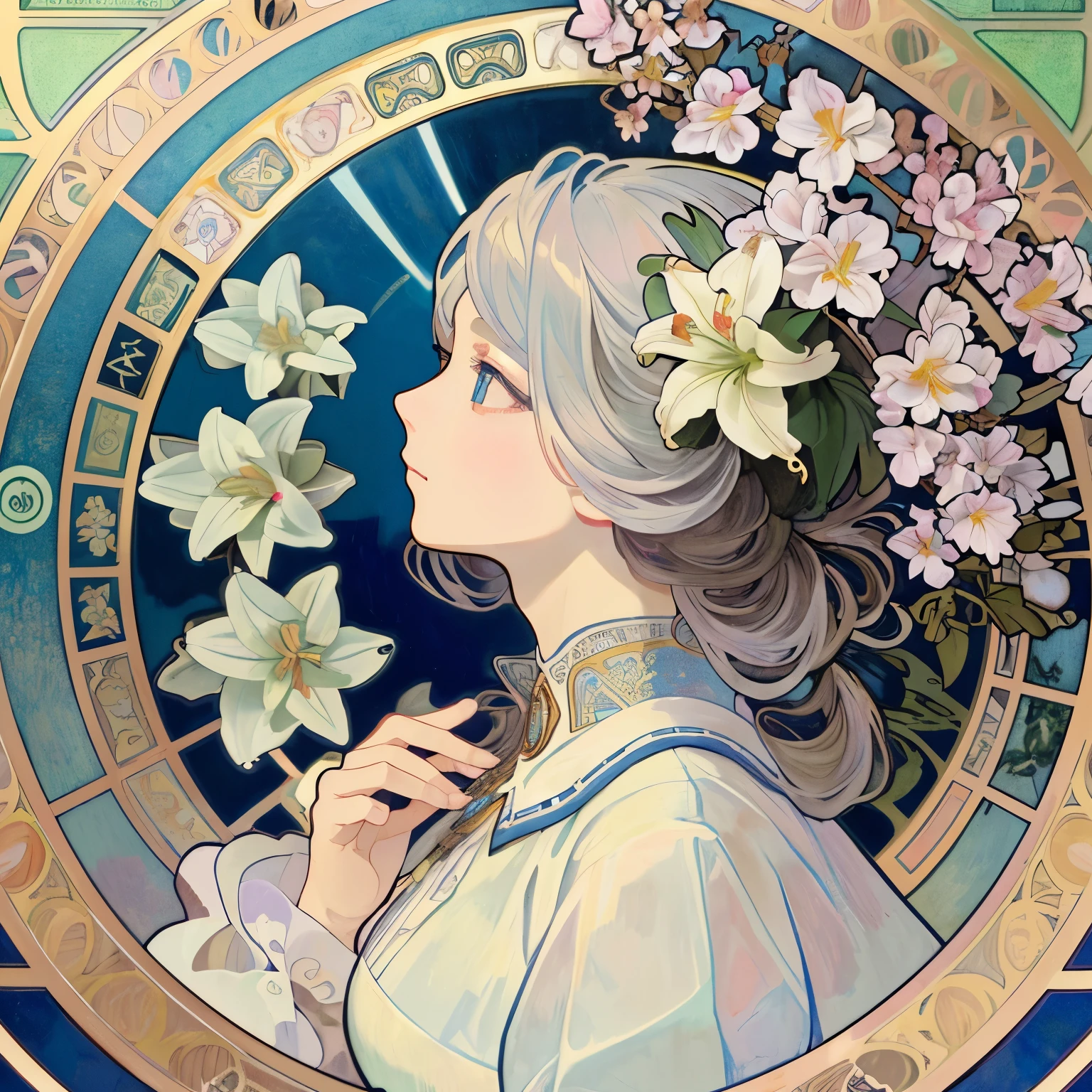 Beauty 1 person、(masterpiece、highest quality、highest quality、beautiful and aesthetic:1.2)、round picture frame、Rainbow-colored、Shining jewelry hair ornament、flowers in full bloom、detailed jewelry、dynamic、Based on the concept of an elegant woman、(((Alphonse Mucha)))、Shining eyes、colorful hair、Fluttering petals、Gradation、hyperdetailed intricately detailed, unreal engine, wonderful, intricate details, splash screen, complementary color, 8K resolution, 逸脱のmasterpiece、white hair、fluttering hair、lily flowers、white dress、A large number of lily flowers、ignore、profile