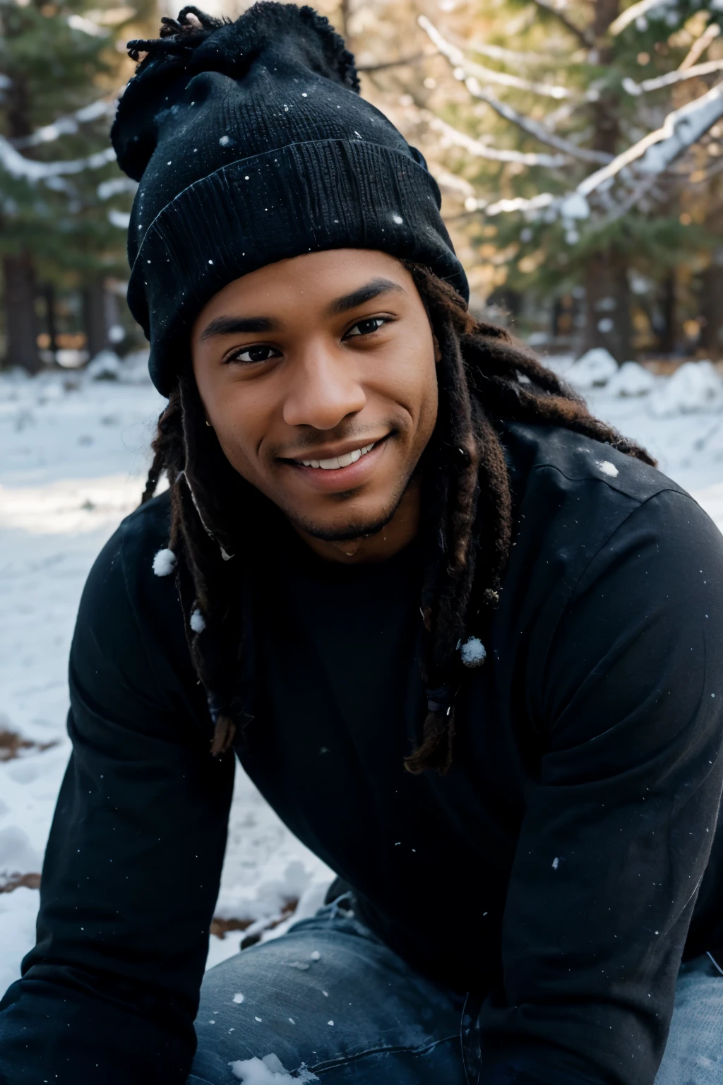 ((perfect photograph)), ((realistic)), ((8k)), (perfect face), gorgeous black man with dreadlock hair, wearing a straight long black long sleeve t-shirt and dark jeans and a beanie, laying in the snow, making a snow angle, outdoors, lots of light, smiling, large dark oak trees, lightly snowing,
