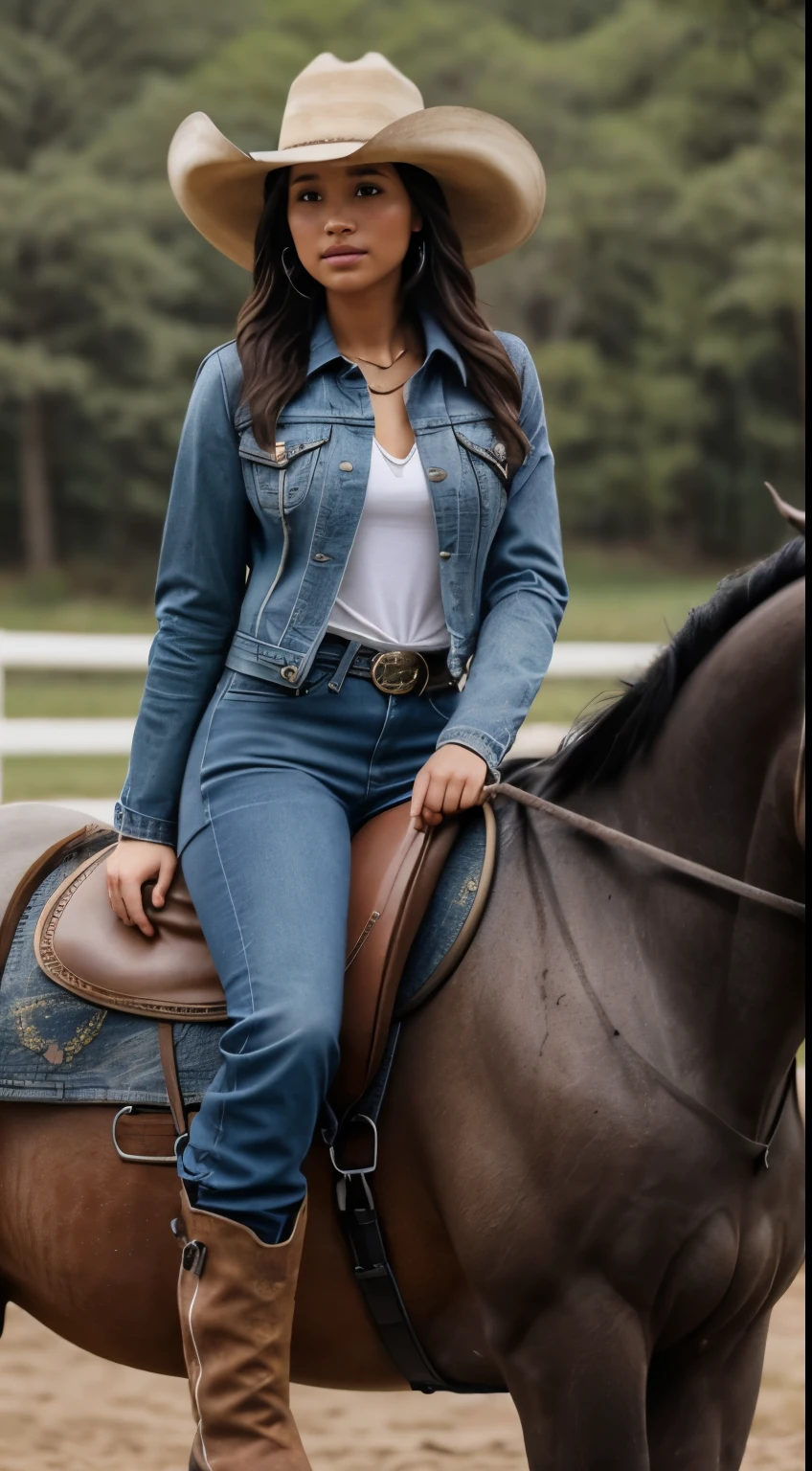 Foto hiperrealista en primer plano de Kelsey Asbille (native American ((light dark skin))) wearing dirty cloths (jeans jacket:1.1) and (blue pants:1.1), (boots:1.2), (cowboy hat) on the ranch, grey day, riding a horse, cinematic light, beautiful woman, skinny, large big breasts, black long hair, detailed face, facing the camera, photo taken from a distance, age of 25 years old, camera filter on pastel gray colors,, grey filter on camera, she is riding a horse, perfect proportions