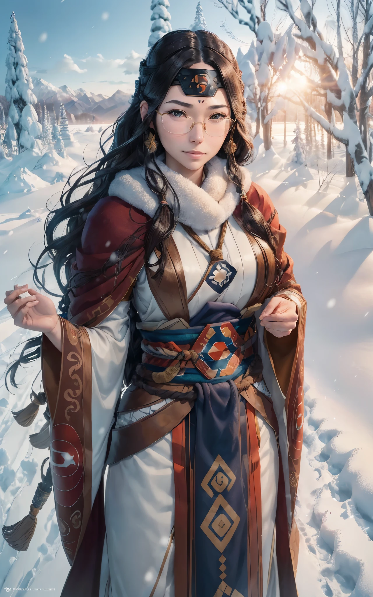 Young ainu woman with the face of (Gal Gadot:Evangeline Lilly), (looking at viewer, light smile, ), brown hair, brown eyes, long hair, hair_flying, Fluttering hair, flying_hair, ((Transparent glasses, glasses, glasses_on_nose)), ((traditional ainu clothes)), sexy, charming, stunning, enhance, delicate, (pale skin, real_skin), sunlight, Winter, snow, Hokkaido, outdoor, best quality, high quality, highres, 8k, photo realistic.