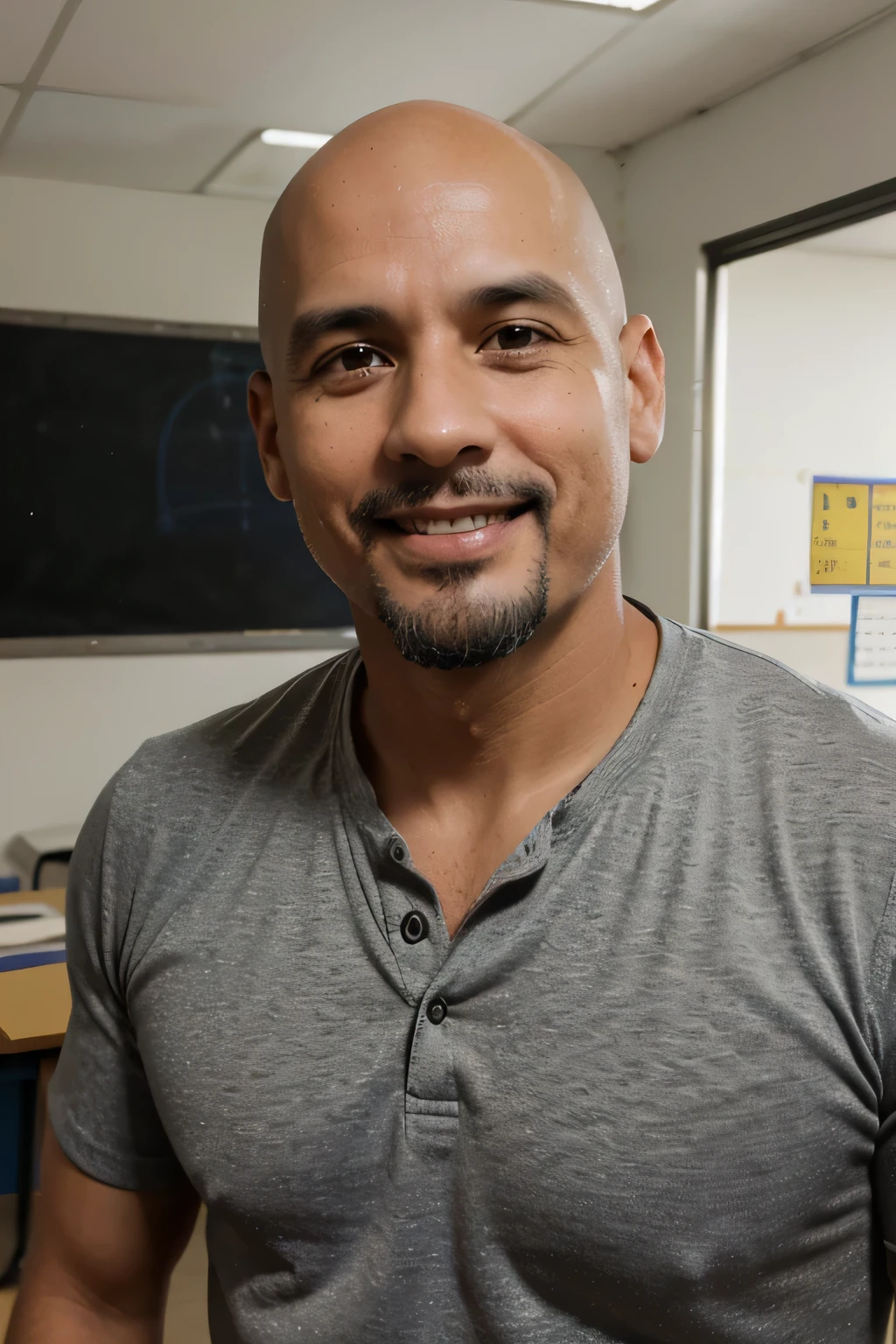 Create an image of a 41-year-old primary school teacher with a goatee., Baldy, de piel morena y siempre sonrriente. located in his classroom teaching 10-year-old boys and girls using methodologies, computadora, proyector y materiales concretos