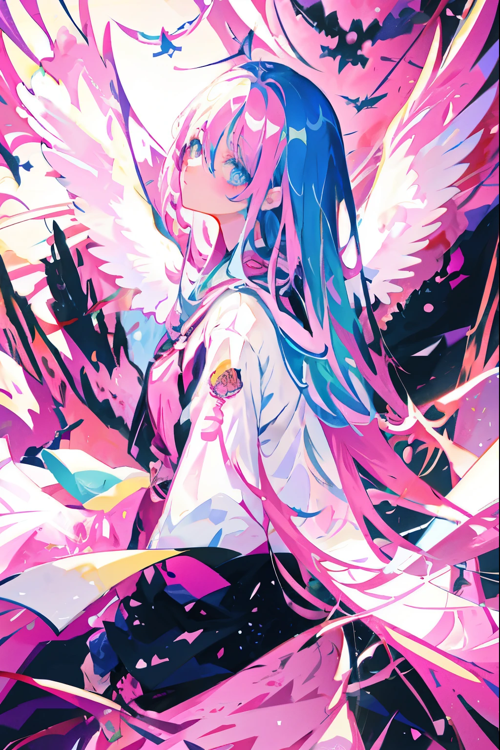 Close-up of a person with long hair and pink clothes, Bright colors.digital 2d, official artwork, ufotable art style, anime style 4k, high detailed official artwork, anime moe art style, anime style artwork, colorful art, Vocaloid, hyper colorful, anime abstract art, Anime Artwork, 2D anime style, anime graphic illustration