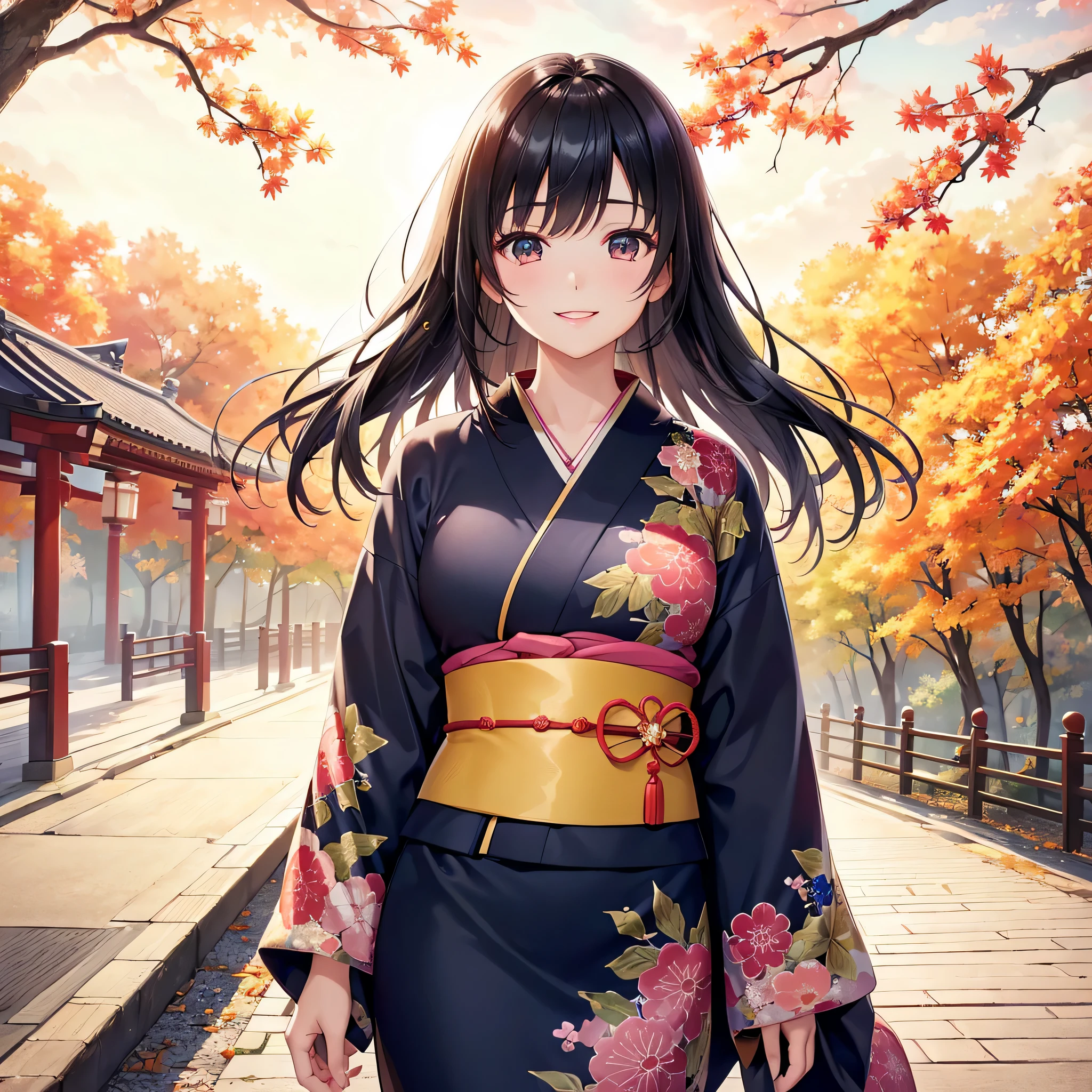 (Super beautiful woman in kimono)、((highest quality、8K masterpiece:1.3))、sharp focus:1.2、(super beautiful face:1.0)、(shiny skin:1.0)、realistic pictures、black haired、video writing、High resolution eyes and face、video writing、japanese actress、from the front、Medium chest、with a happy smile、wearing a kimono、under the autumn leaves、highest grade obi