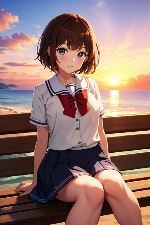 8K, masterpiece, absurdres, intricate details, best quality, 1girl, sitting on bench, brown hair, short hair, cute eyes, school uniform, sunset, beach