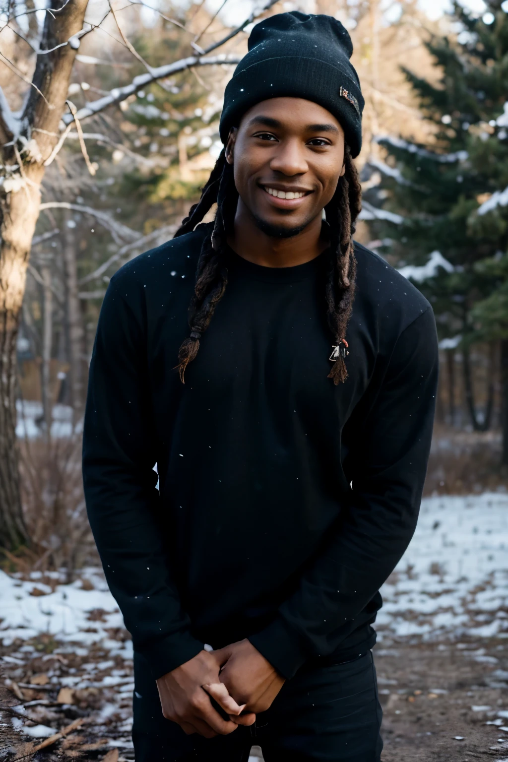 ((perfect photograph)), ((realistic)), ((8k)), (perfect face), gorgeous black man with dreadlock hair, wearing a straight long black long sleeve t-shirt and dark jeans and a beanie, standing towards the camera, snowing, torso facing camera, outdoors, lots of light, smiling, large dark oak trees, lightly snowing